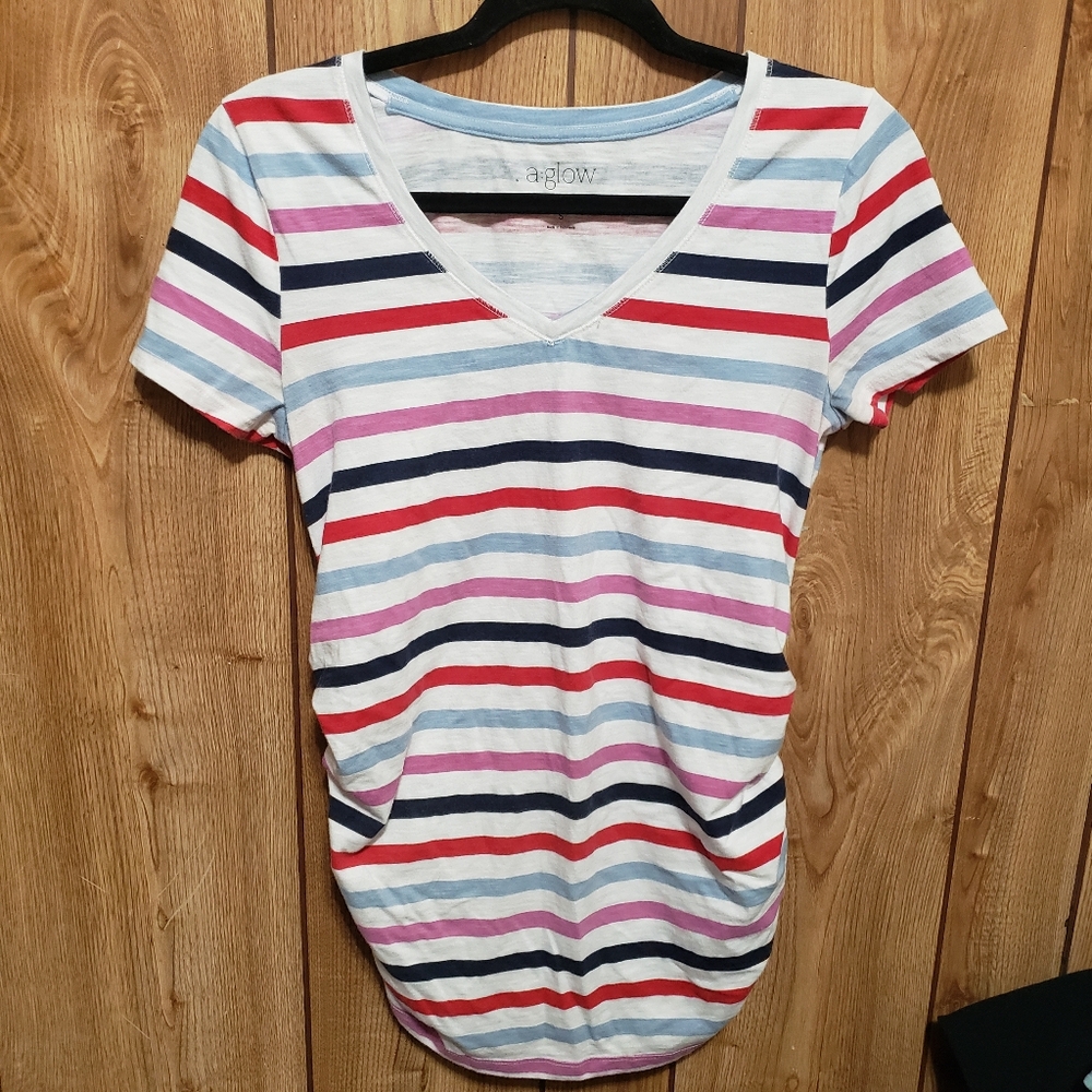 a glow maternity top Small V Neck Striped Ruching On Sides Short Sleeve